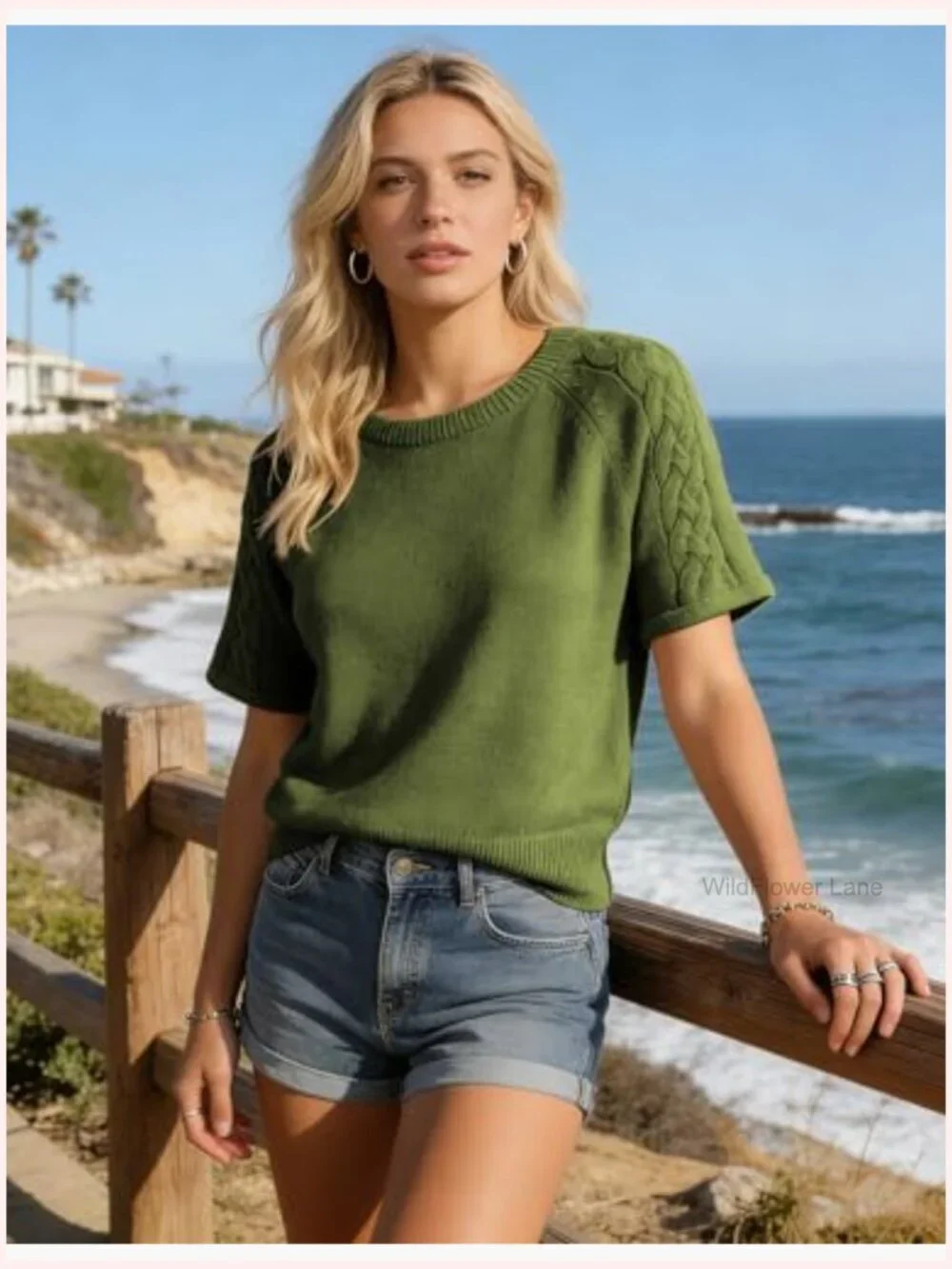 Short Sleeve Crew Neck Cable Knit Pullover Loose Fit Boxy Sweater Top Blouse